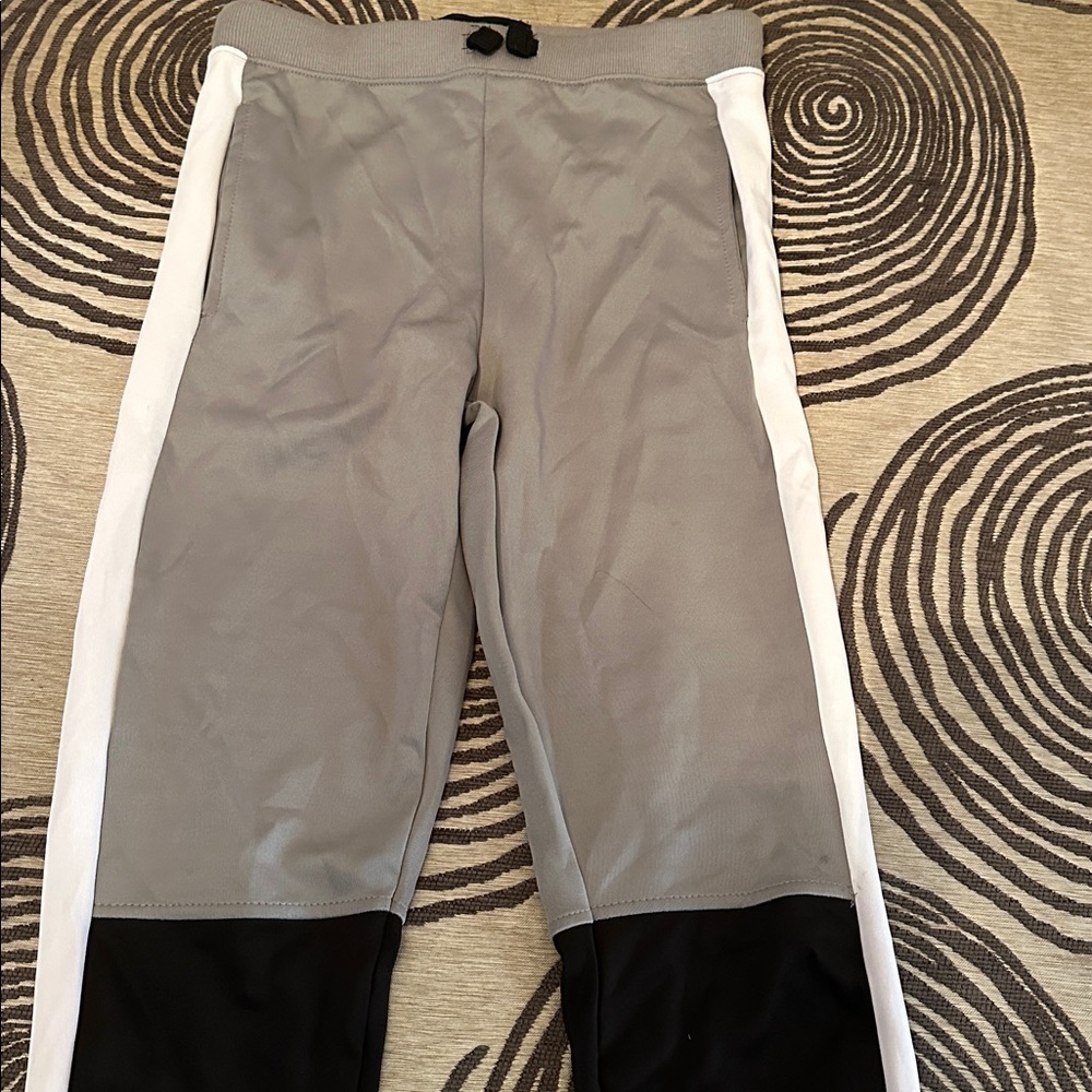 Gray and Black Athletic Pants with White Stripes